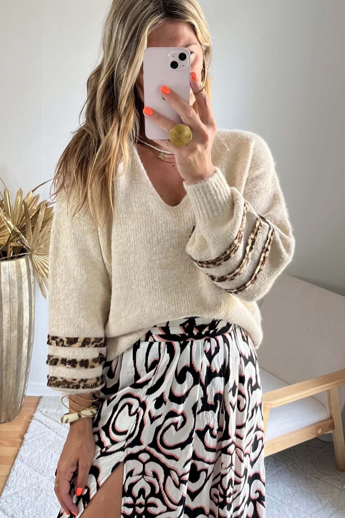 Leopard Striped Detail Long Sleeve Casual Sweater