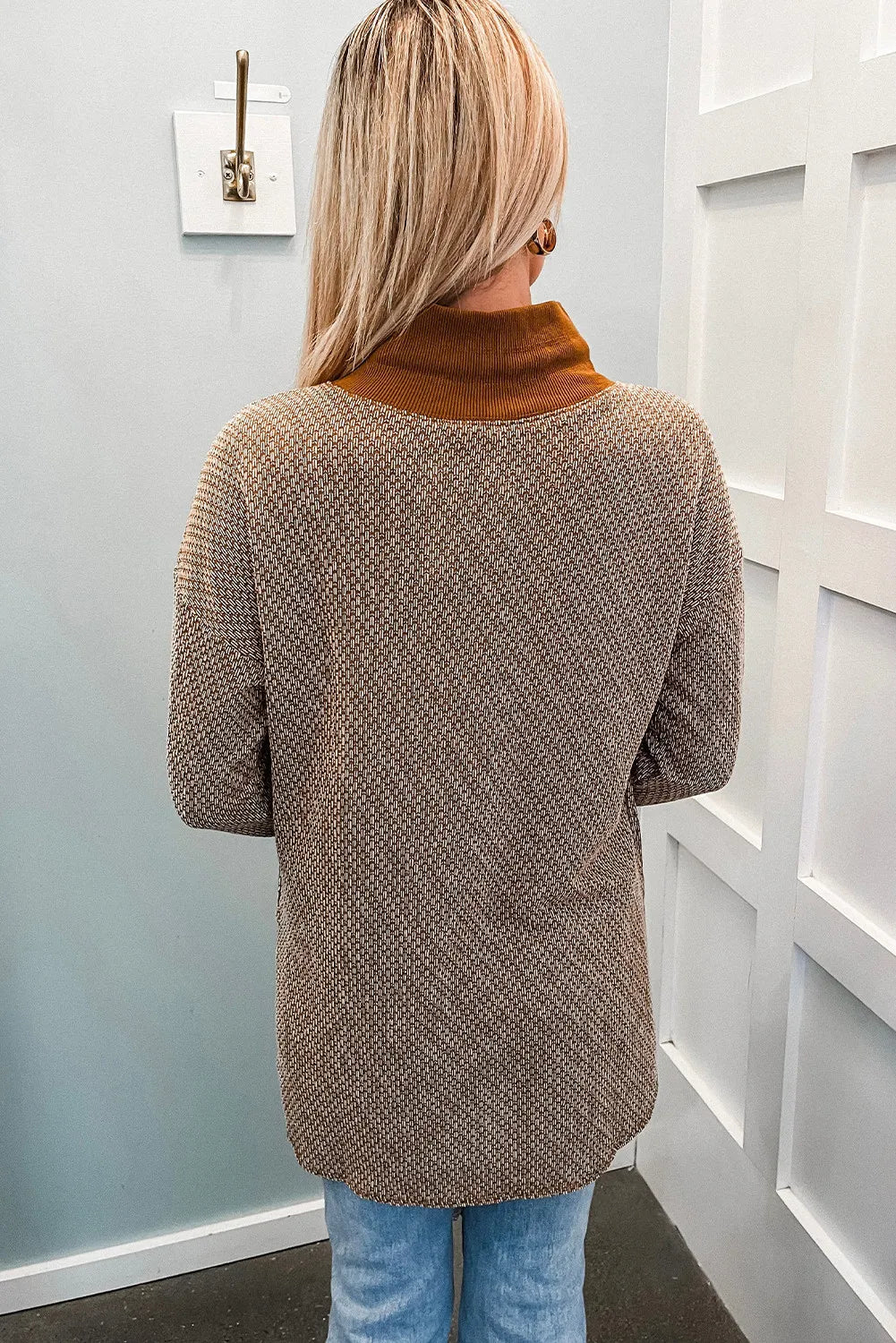 Subtle Texture Knit High Neck Cuffed Long Sleeve Top