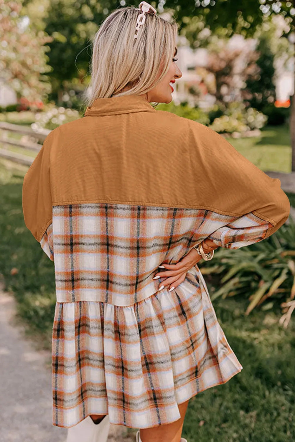 Plaid Color Block Patchwork Ruffle Hem Tunic Shirt Dress