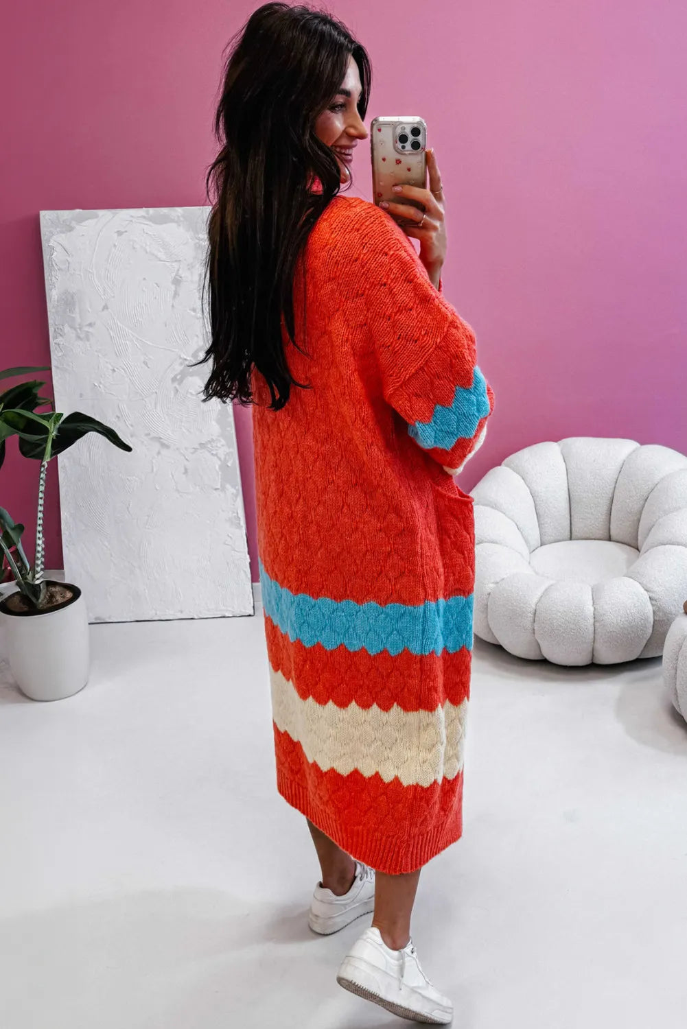 Color Block Side Pockets Open Front Long Cardigan