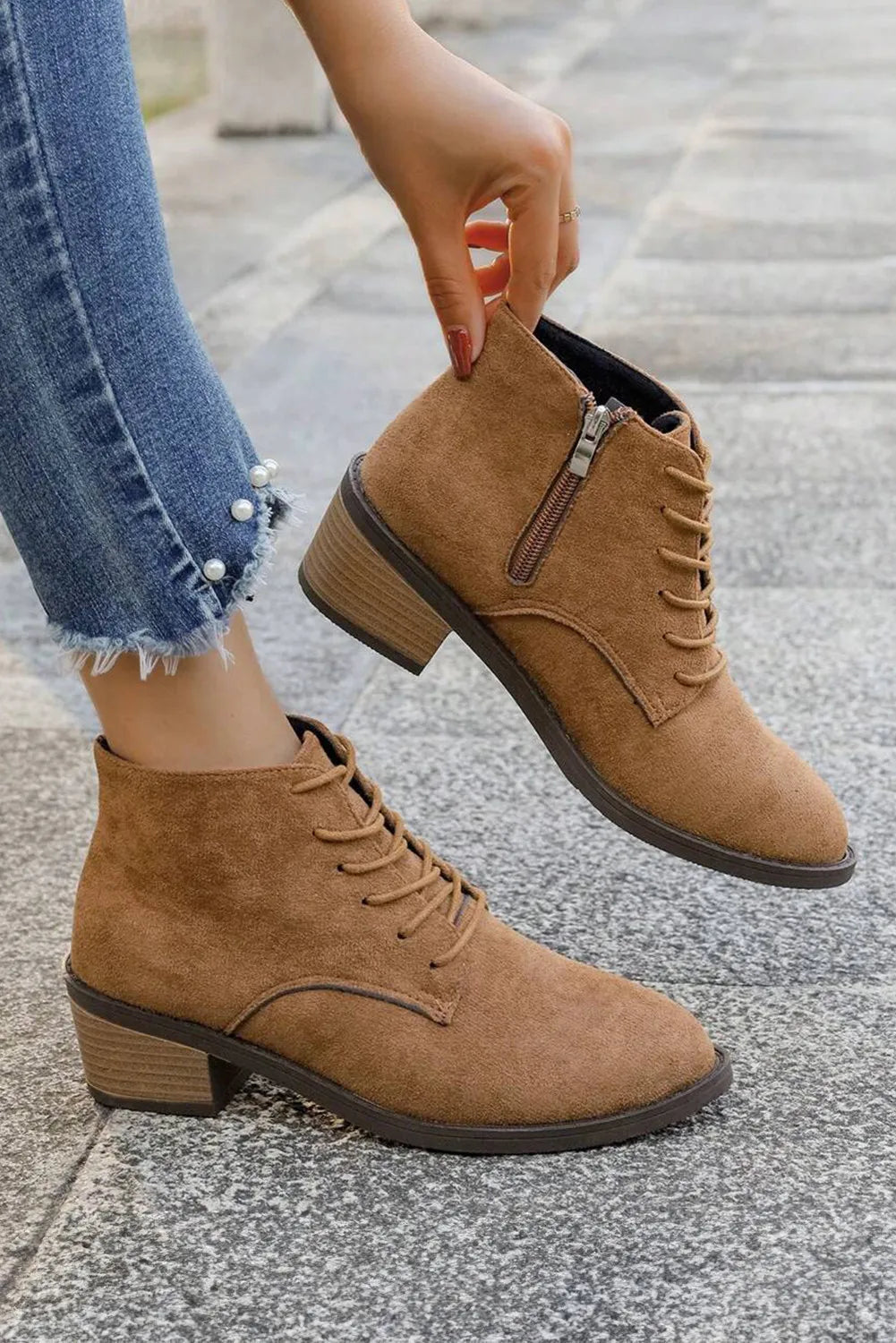 Suede Zip Side Lacing Detail Ankle Boots