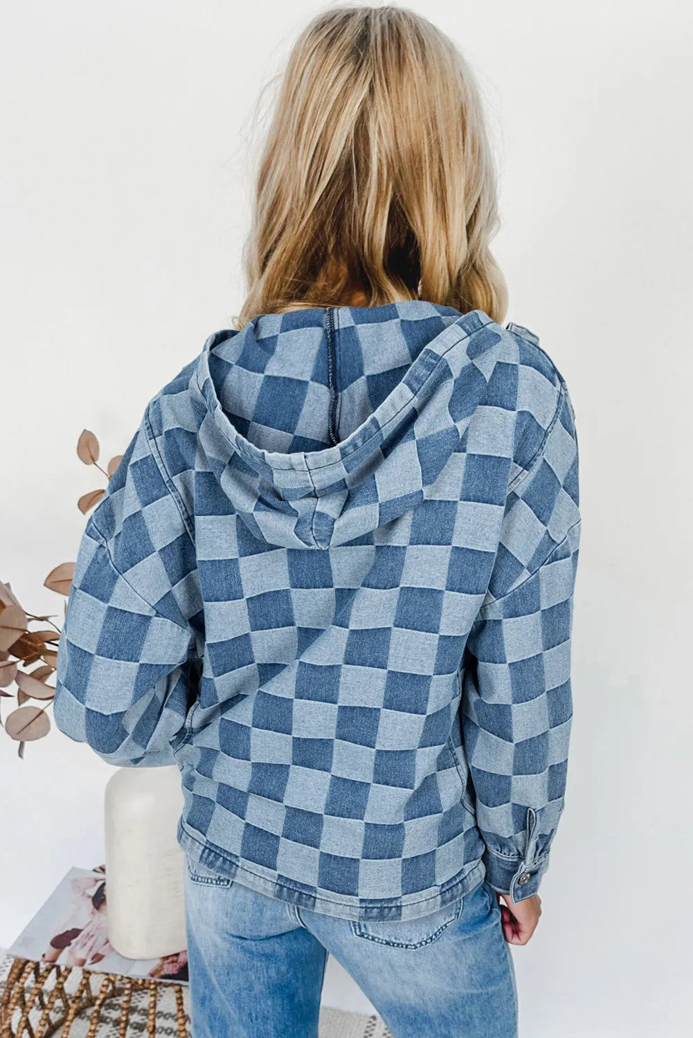 Blue Checkerboard Zipped Neck Kangaroo Pocket Denim Hoodie