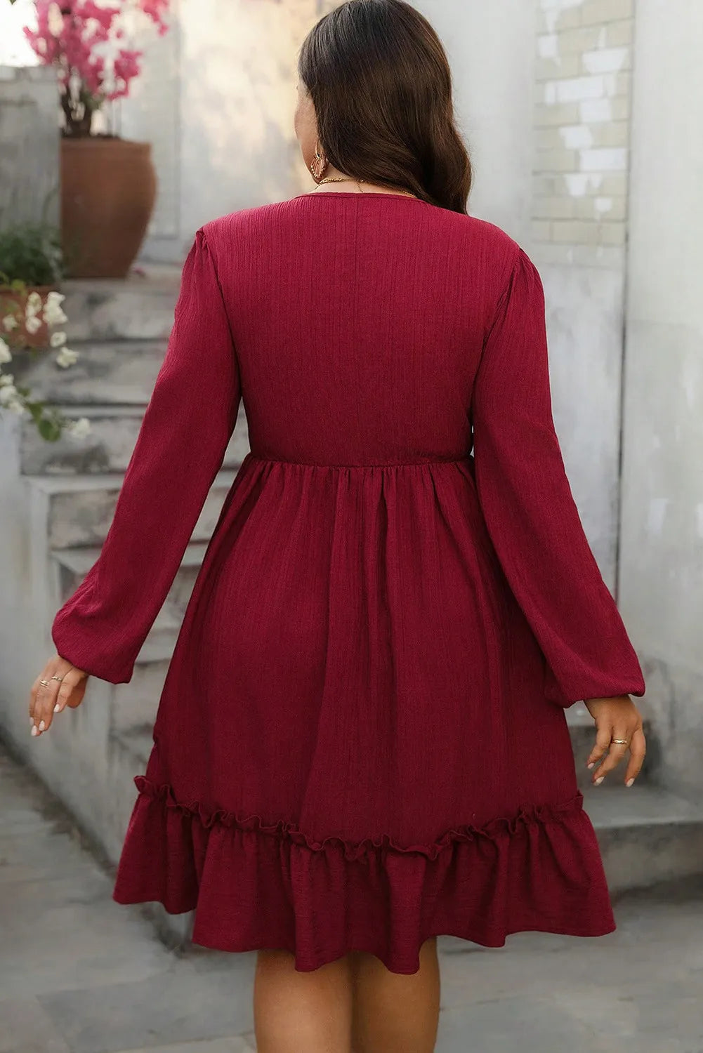 Shirred A-Line Long Sleeve Ruffle Hem Midi Dress
