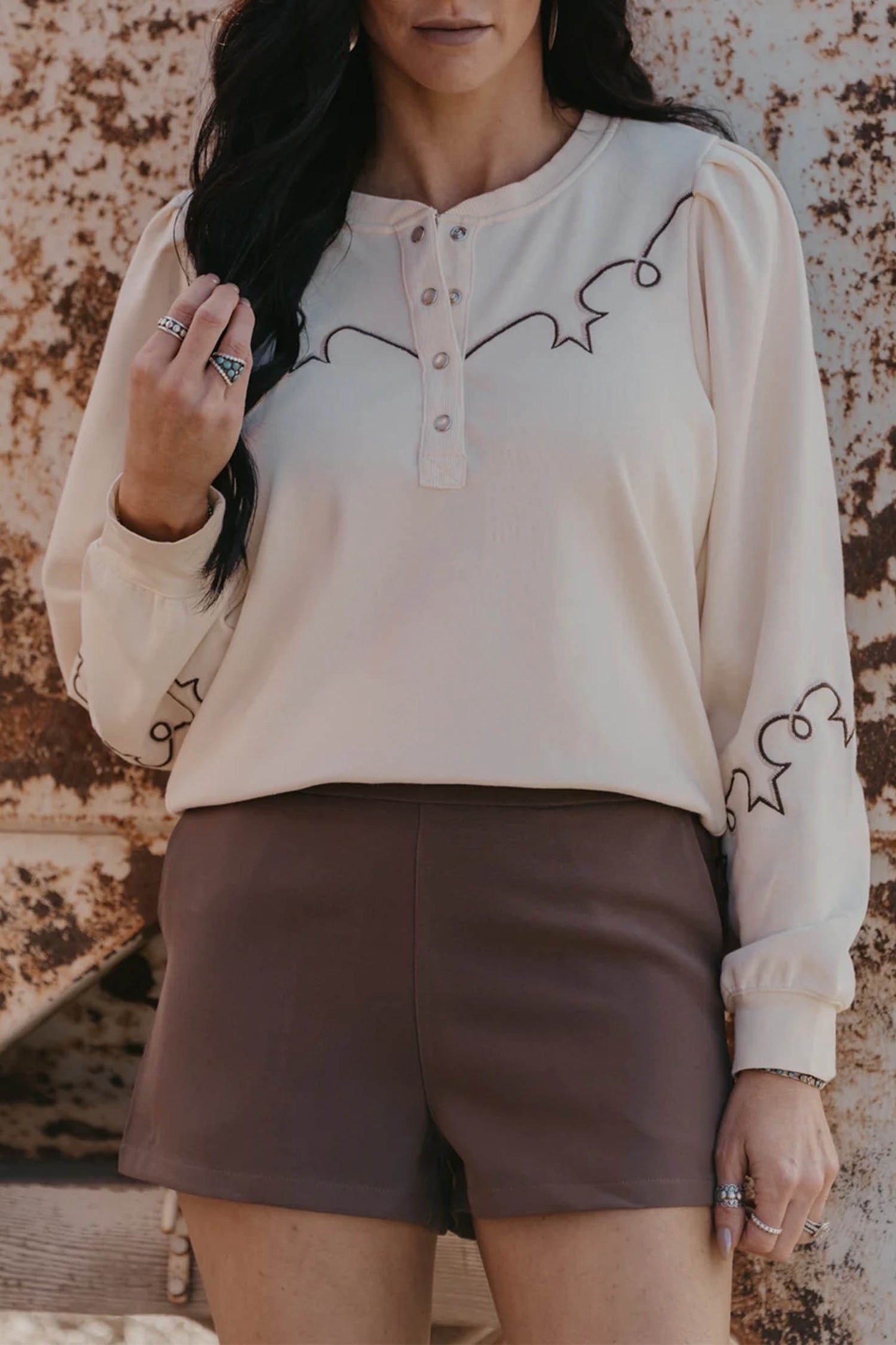 Embroidered Western Half Button Top