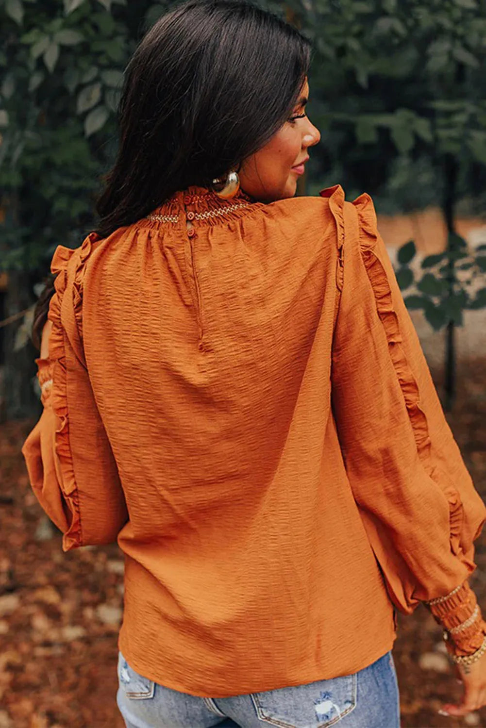 Frilly Ruffle Trim Shirred Stand Neck Cuffed Long Sleeve Blouse