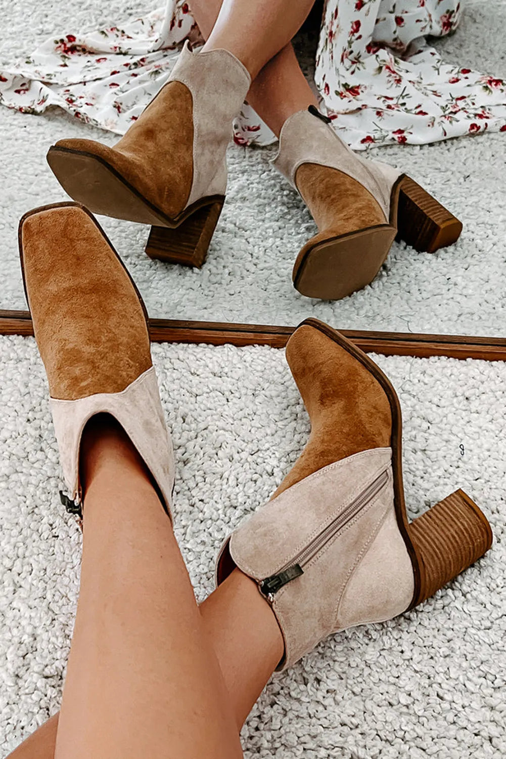 Two Tone Faux Suede Square Toe Chunky Heel Boots