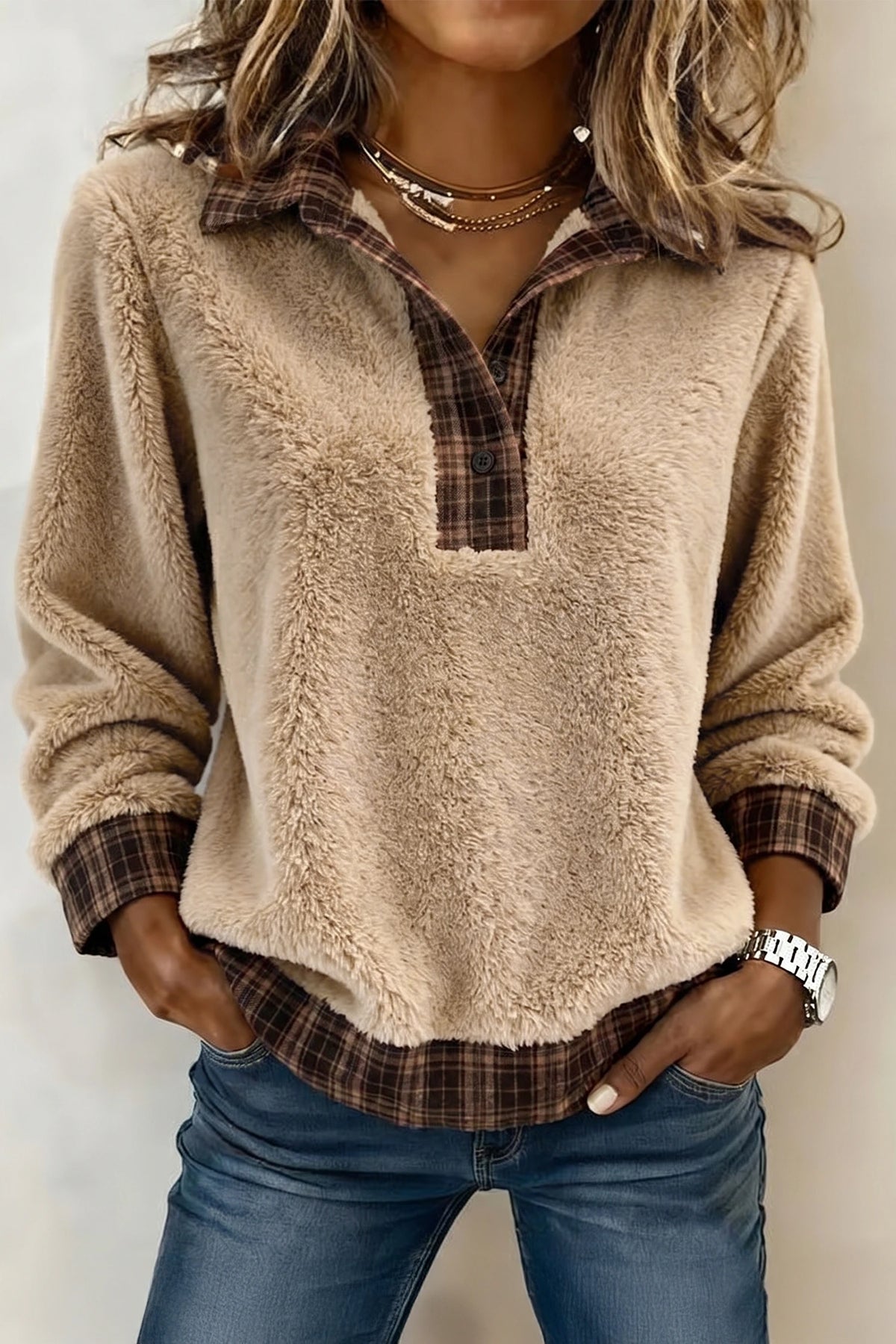 Light French Beige Button Front Sweatshirt