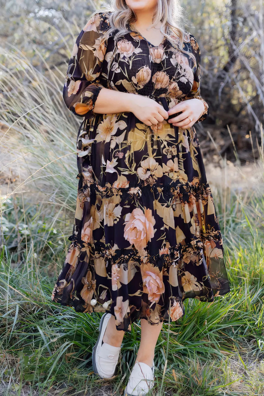 Smocked Bust 3/4 Sleeve Tiered Ruffle Long Dress