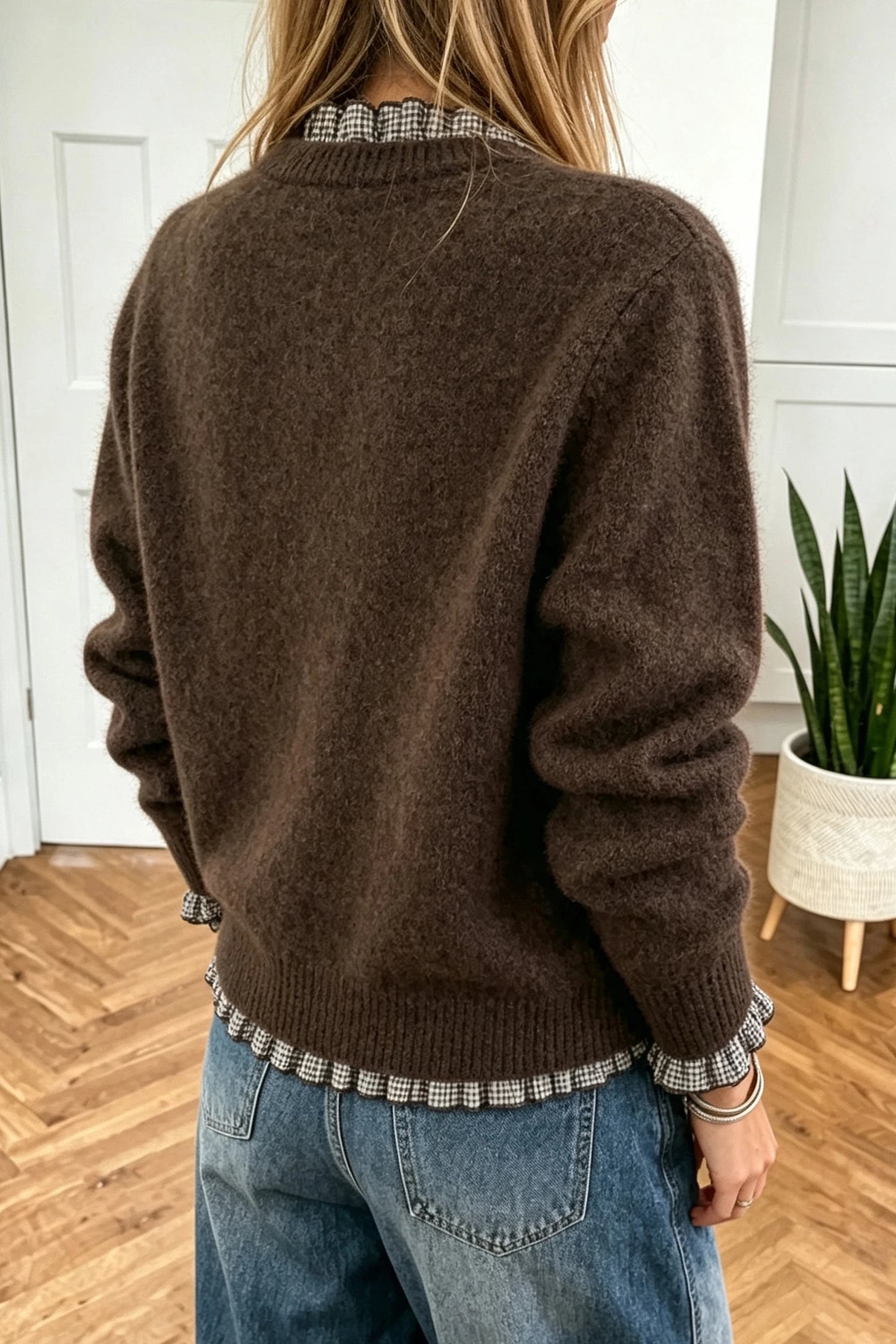 Chicory Coffee Plaid Ruffle Trim Sweater