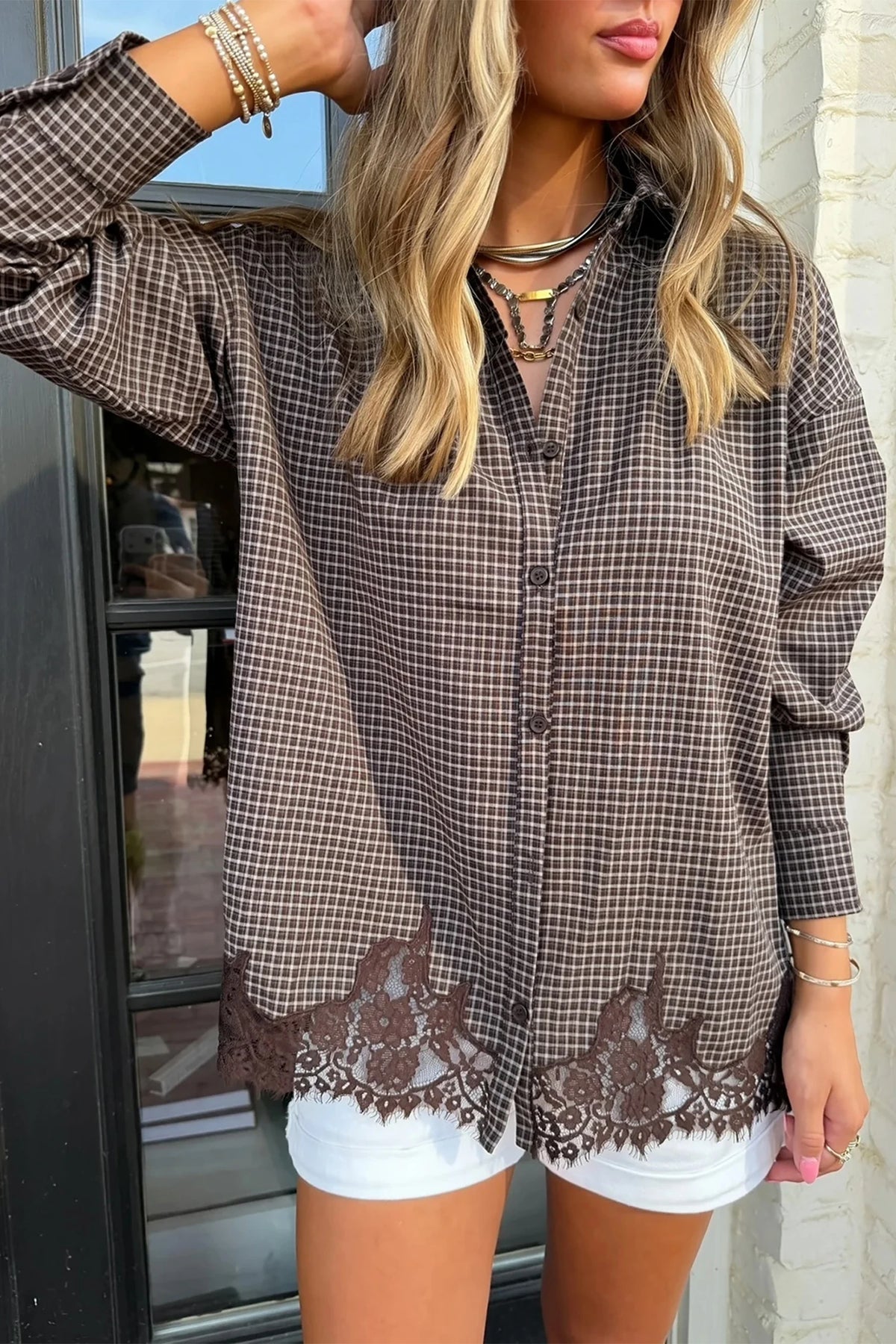 Brown Plaid Sheer Lace Hem Shirt