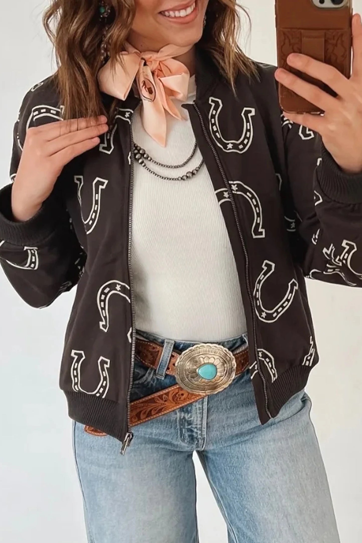 Brown Western Print Zipper Jacket