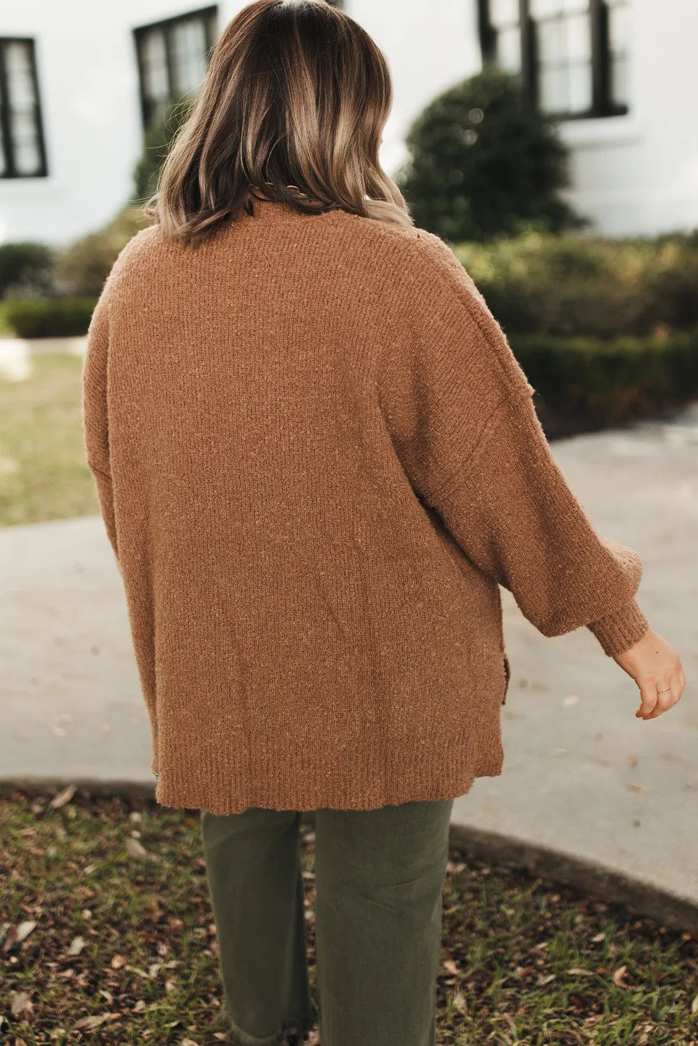 V Neck Drop Shoulder Knit Side Slit Loose Sweater