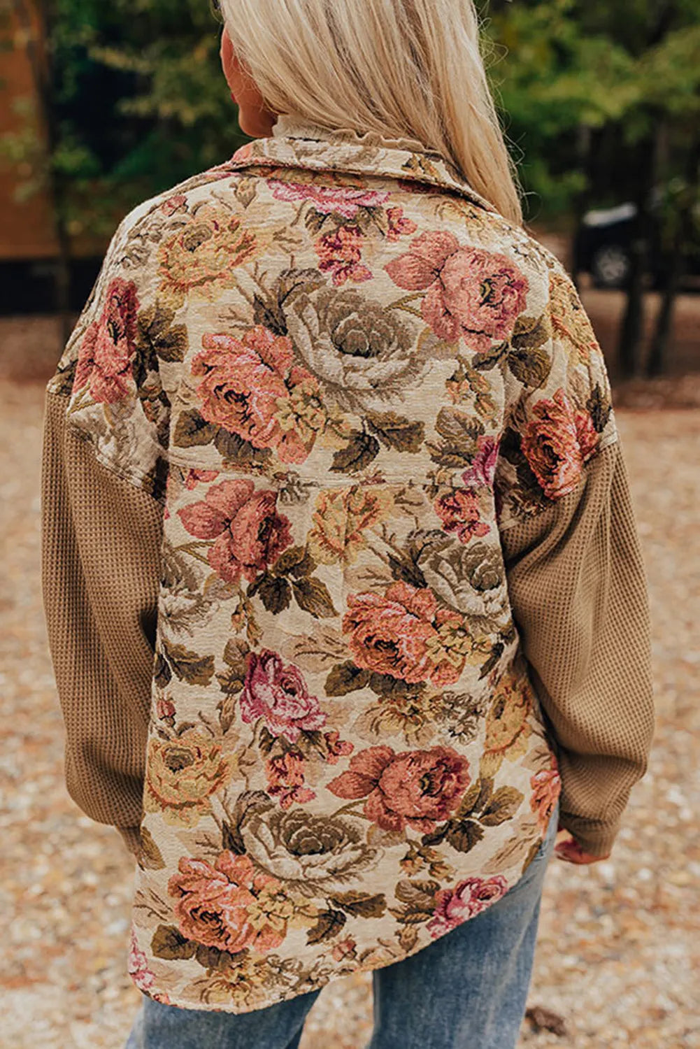 Floral Waffle Knit Patchwork Chest Pockets Buttoned Jacket
