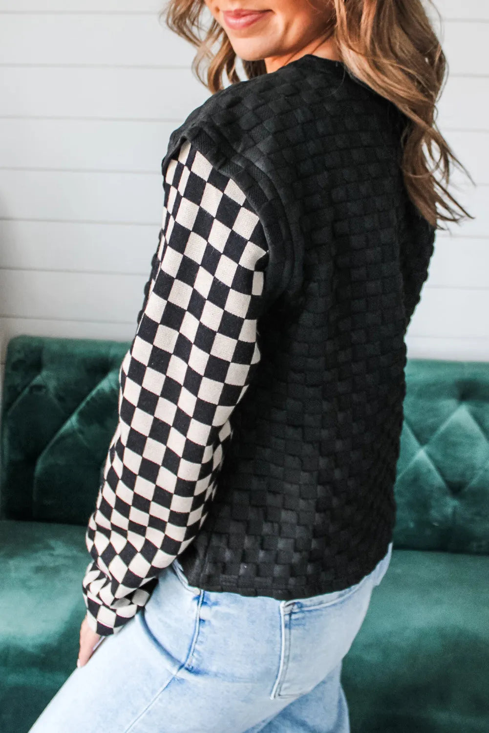 Plaid Textured Checkered Patchwork Long Sleeve Top