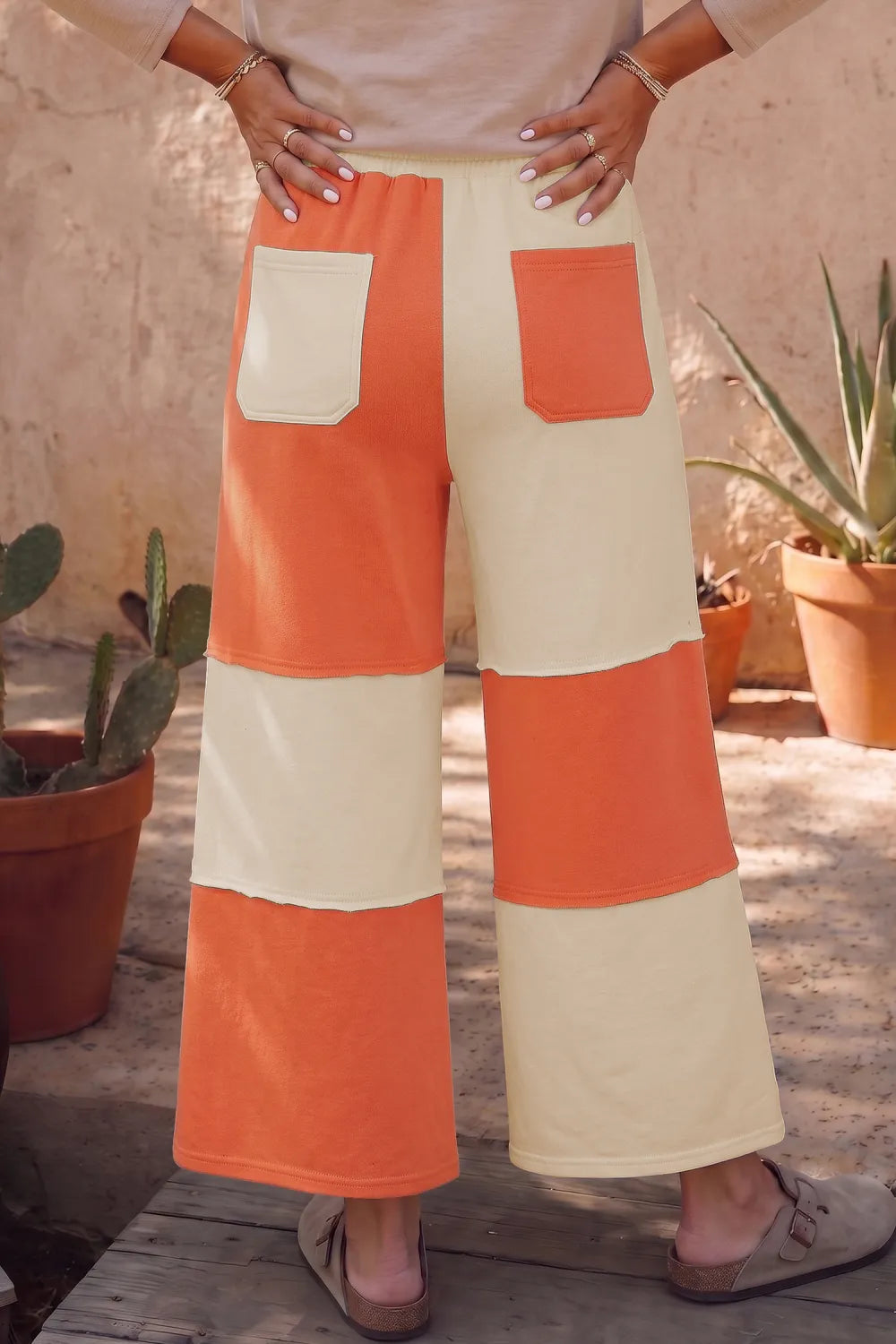 Russet Orange Raw Seam Wide Leg Ankle Length Pants