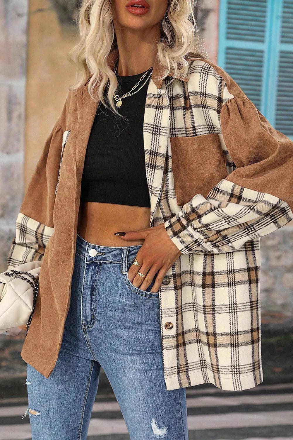 Plaid Patchwork Dropped Shoulder Loose Shacket