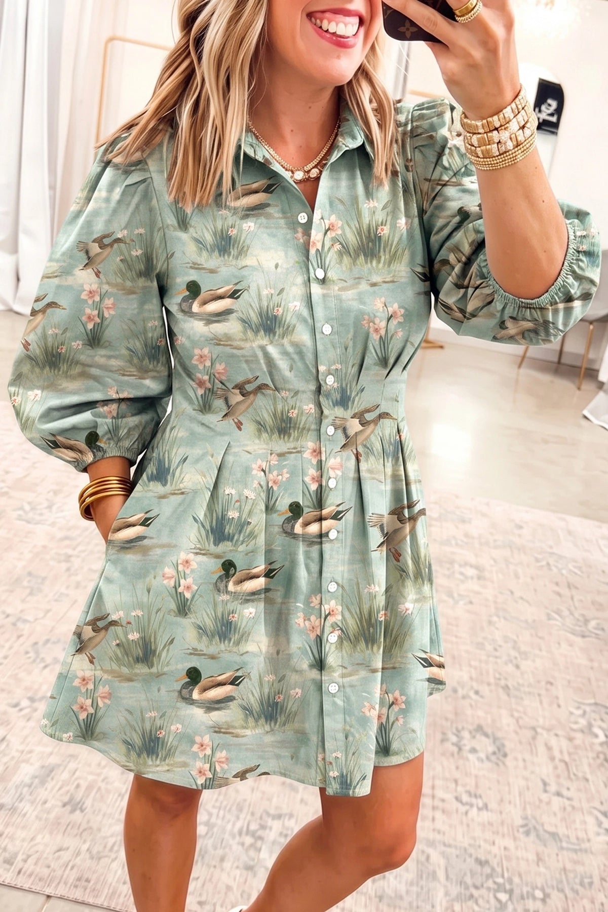 Green Floral Duck Print Pleated Dress
