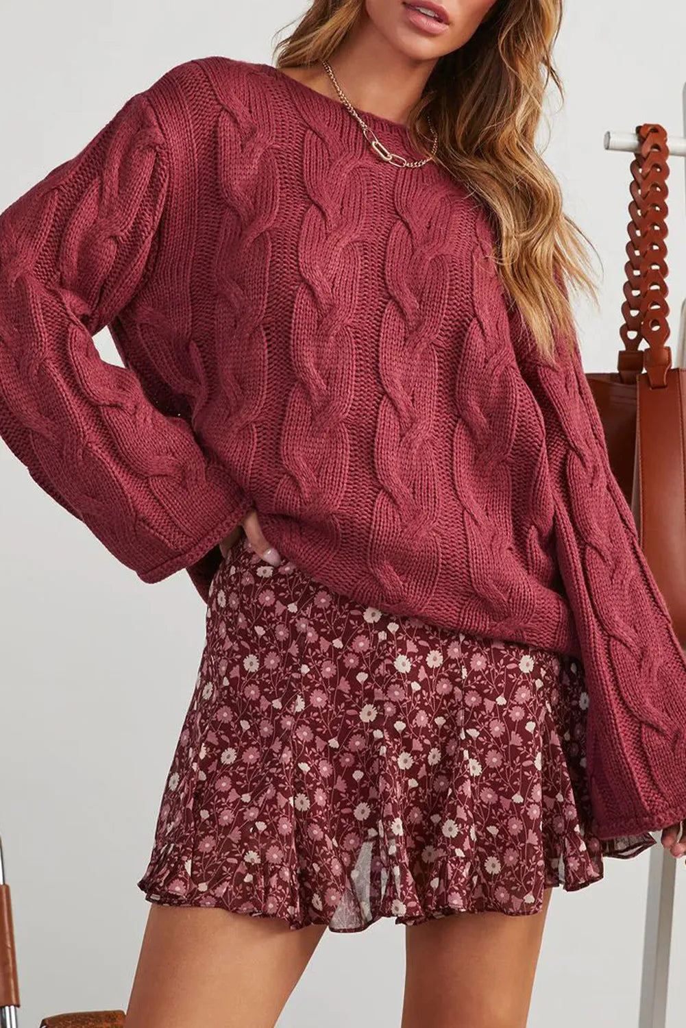 Red Round Neck Cable Knit Oversize Sweater