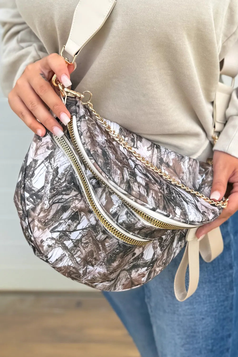 Grey Camouflage Print Gold Chain Strap Double Zipper Crossbody Bag