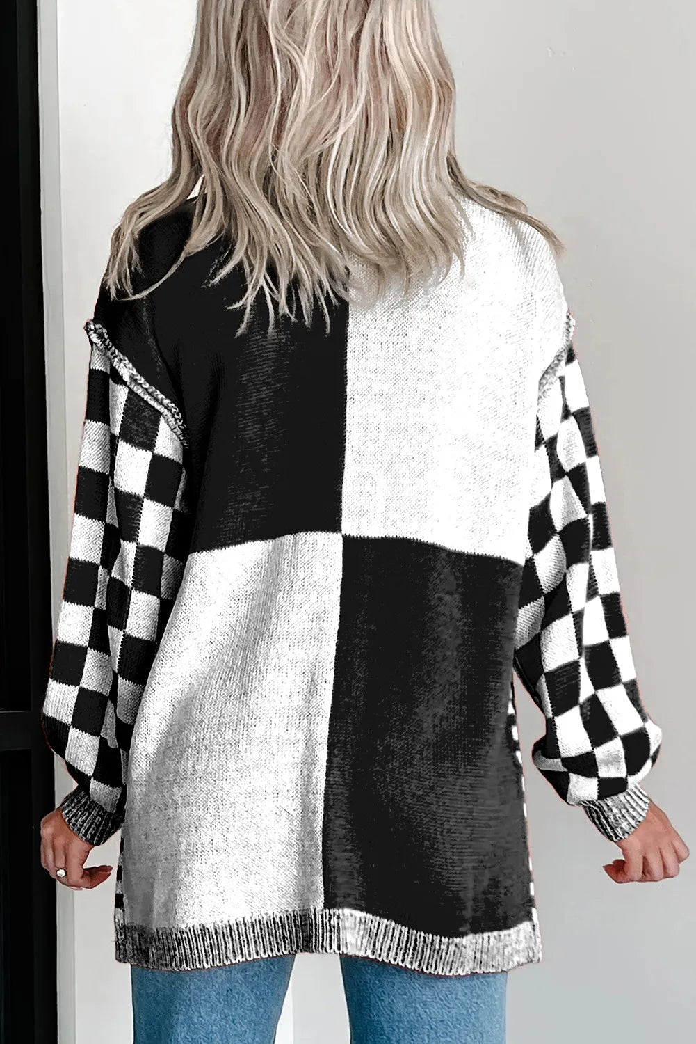 Checkered Bubble Sleeve Drop Shoulder Open Cardigan