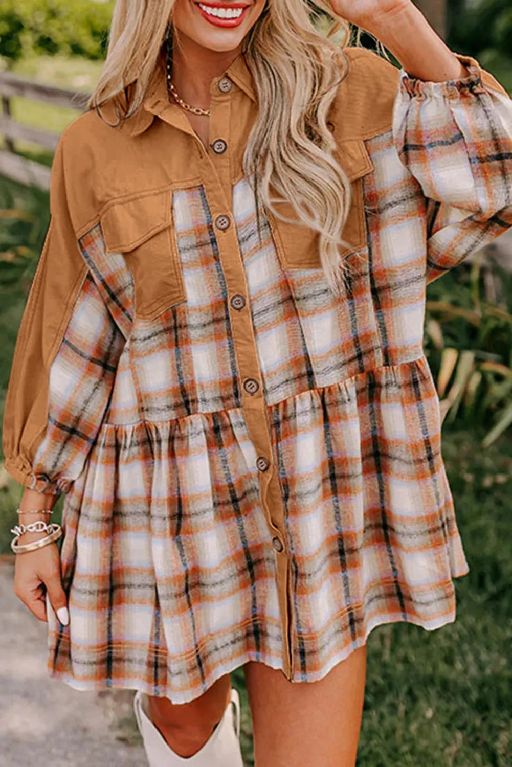 Plaid Color Block Patchwork Ruffle Hem Tunic Shirt Dress