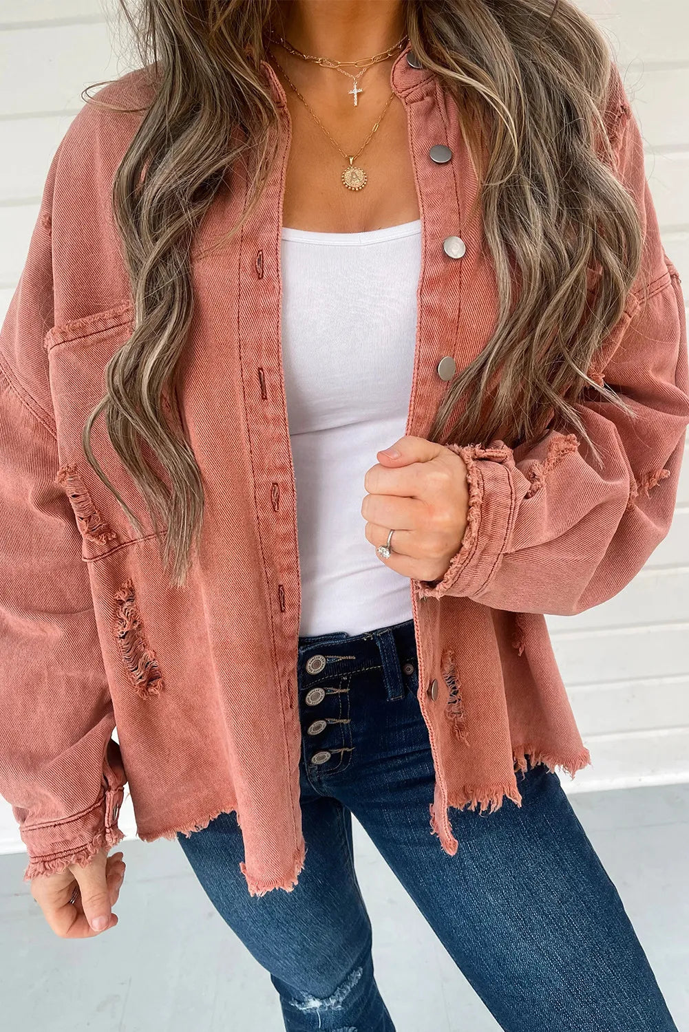 Hem Distressed Oversize Button Down Denim Jacket