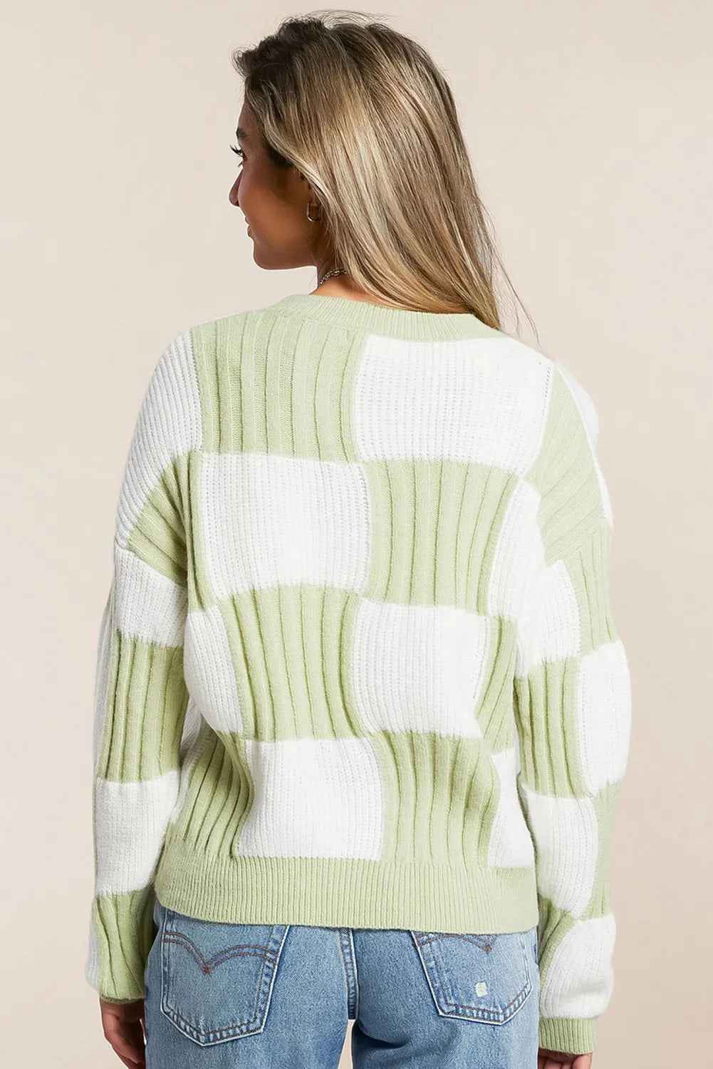 Mist Green Mixed Ribbed Knit Checkered Pattern Drop Shoulder Sweater
