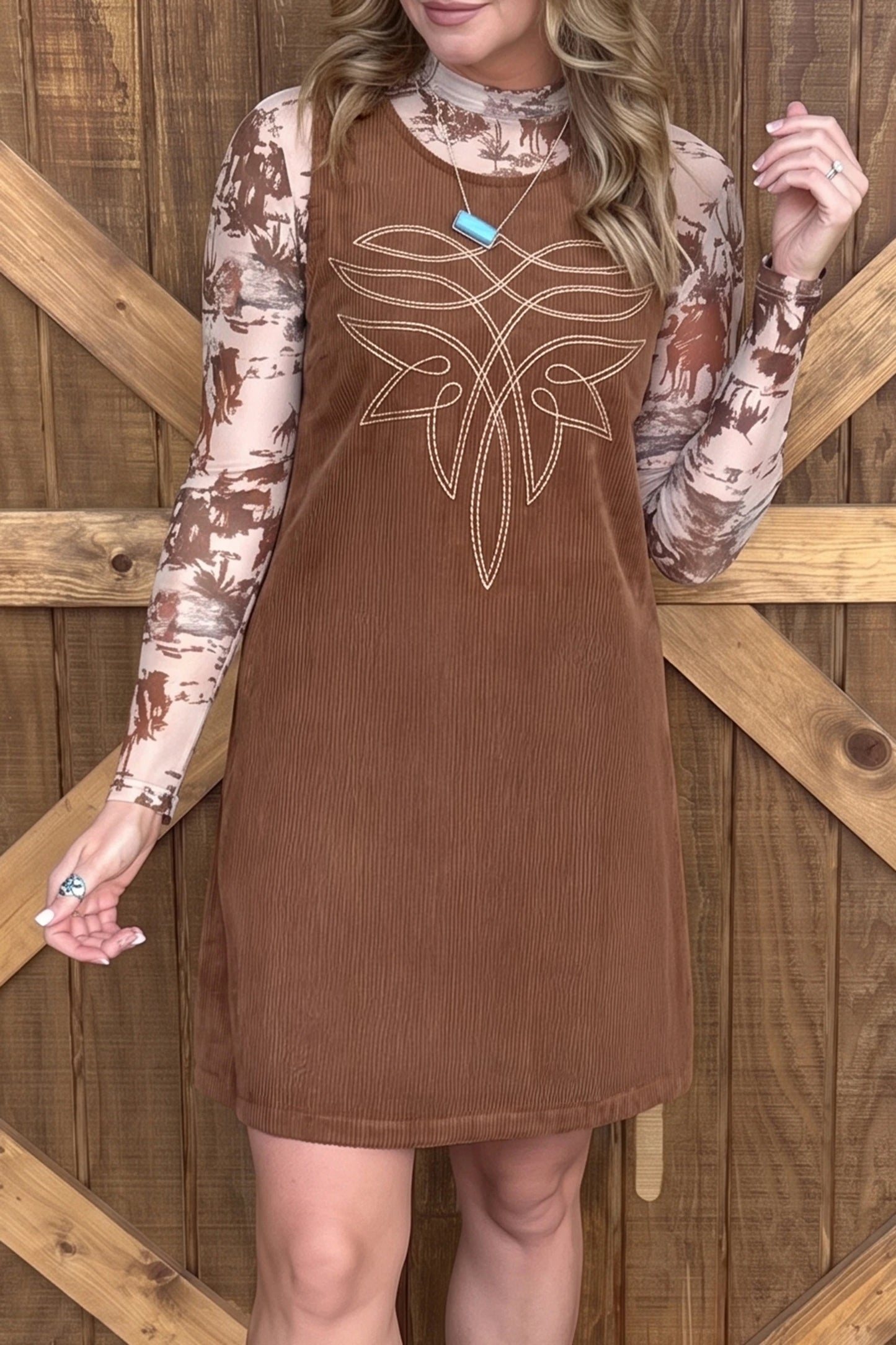 Coffee Embroidery Sleeveless Corduroy Shift Dress