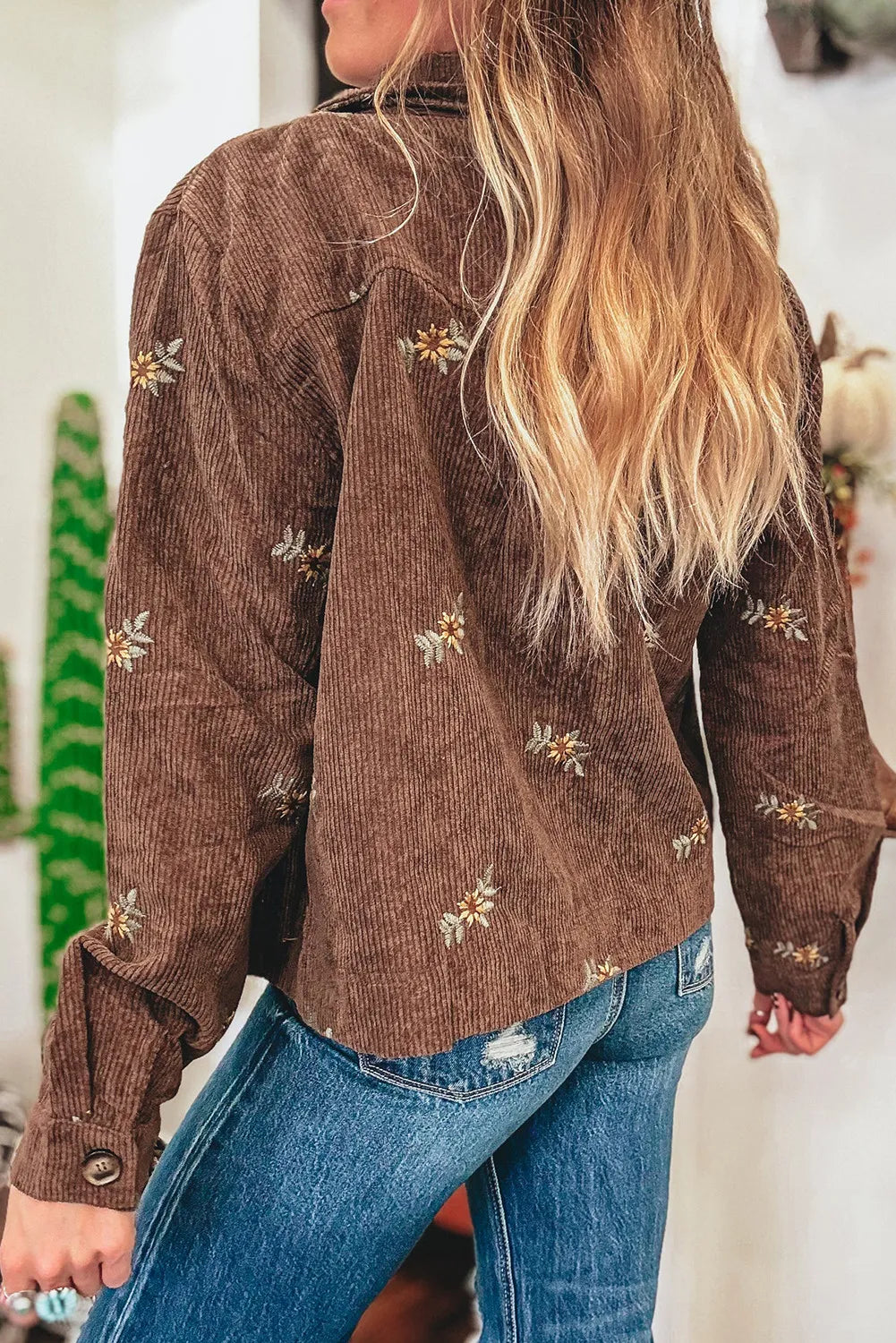 Floral Embroidered Collar Button Front Corduroy Jacket With Pocket