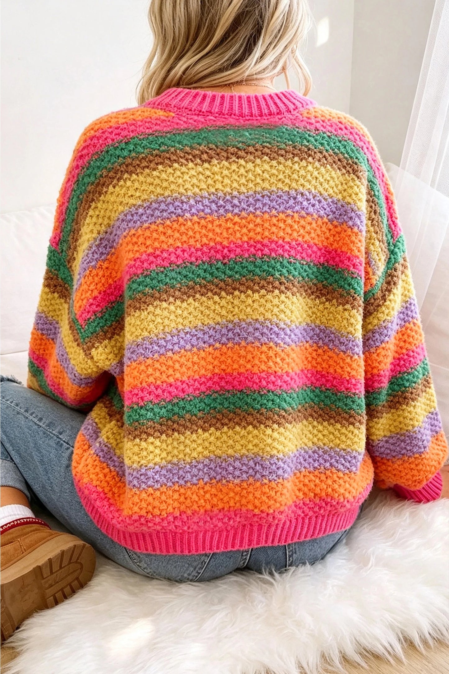 Rose Red Rainbow Striped Knit Sweater
