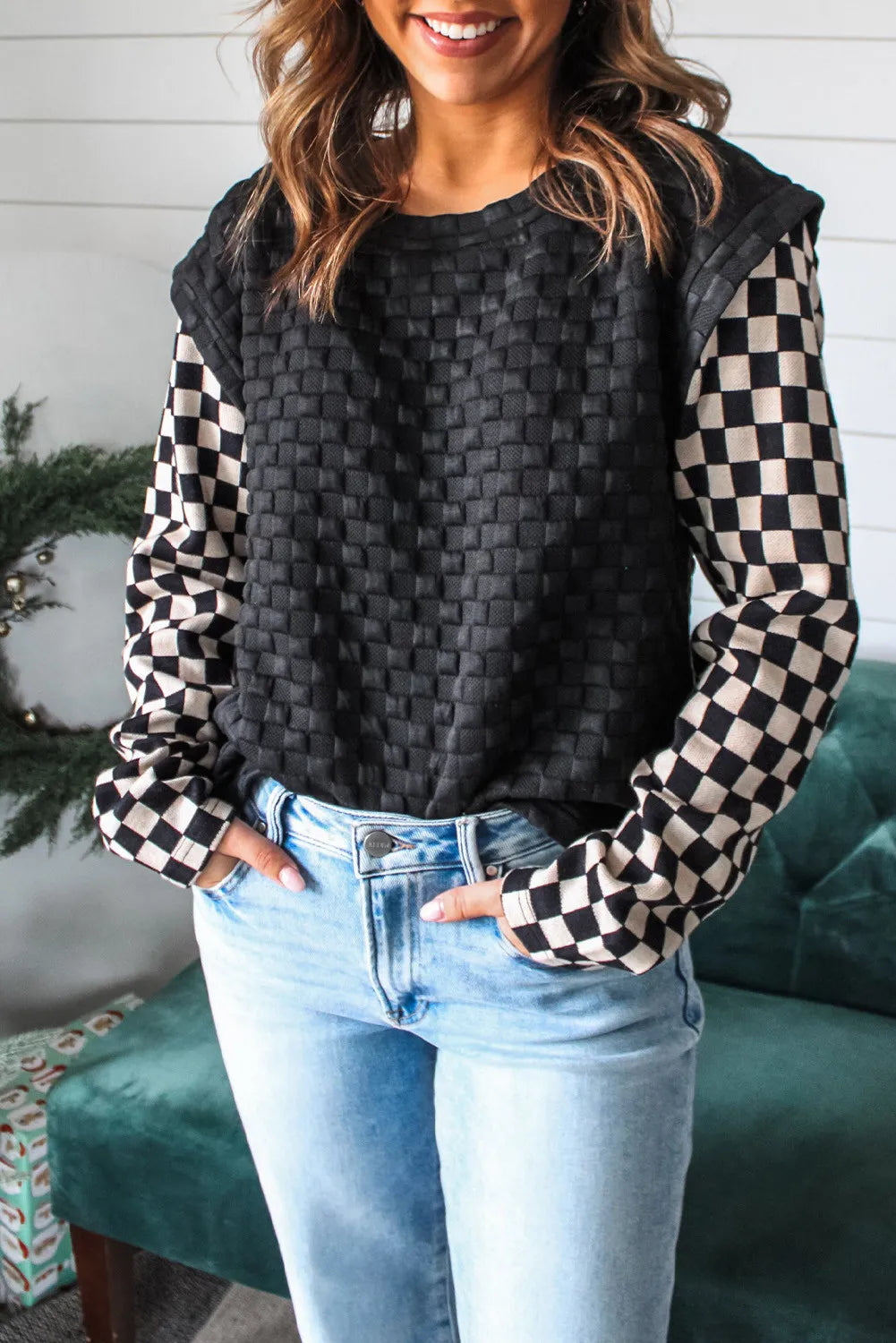 Plaid Textured Checkered Patchwork Long Sleeve Top