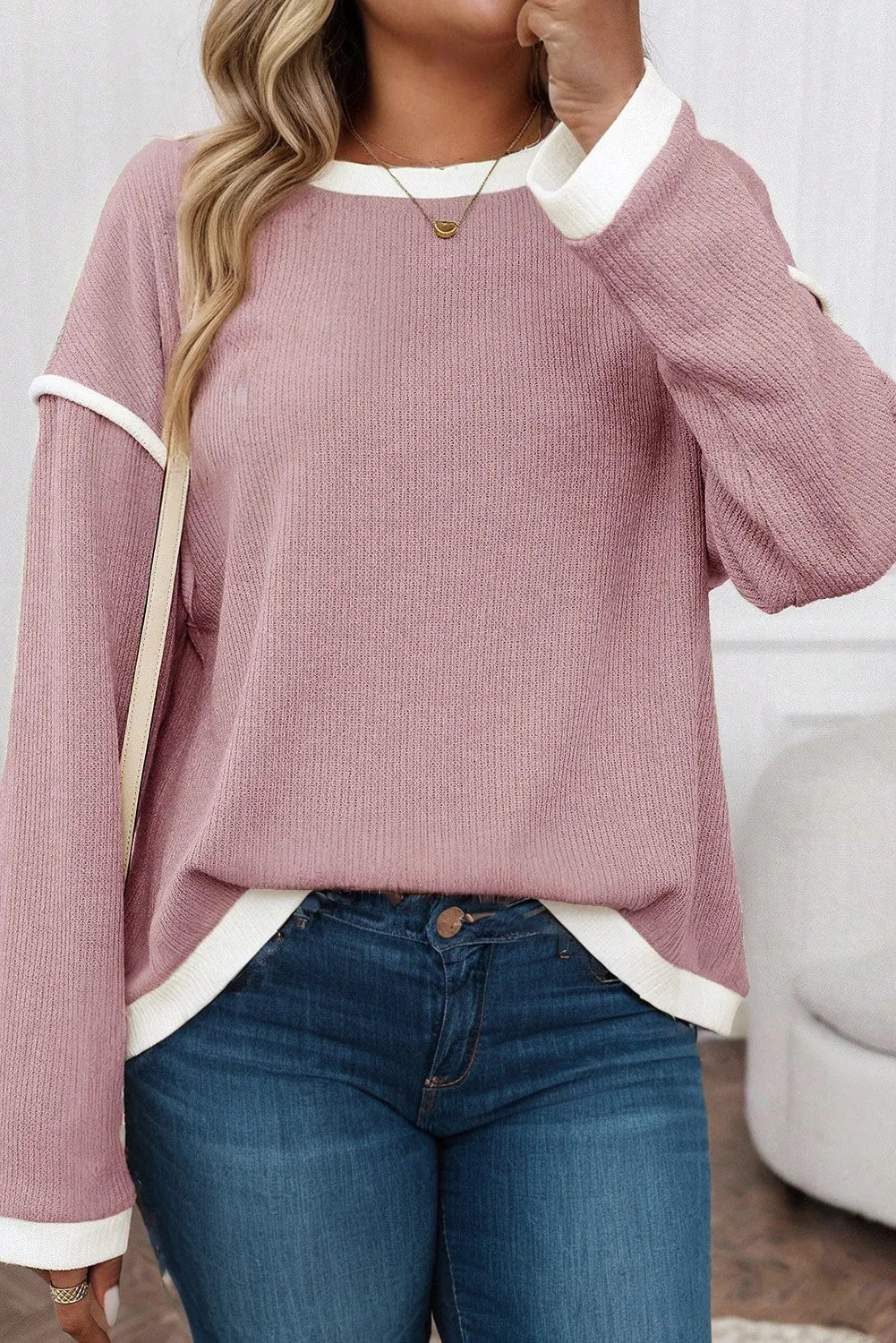 Pink Contrast Trim Knitted Drop Shoulder Plus Size Top