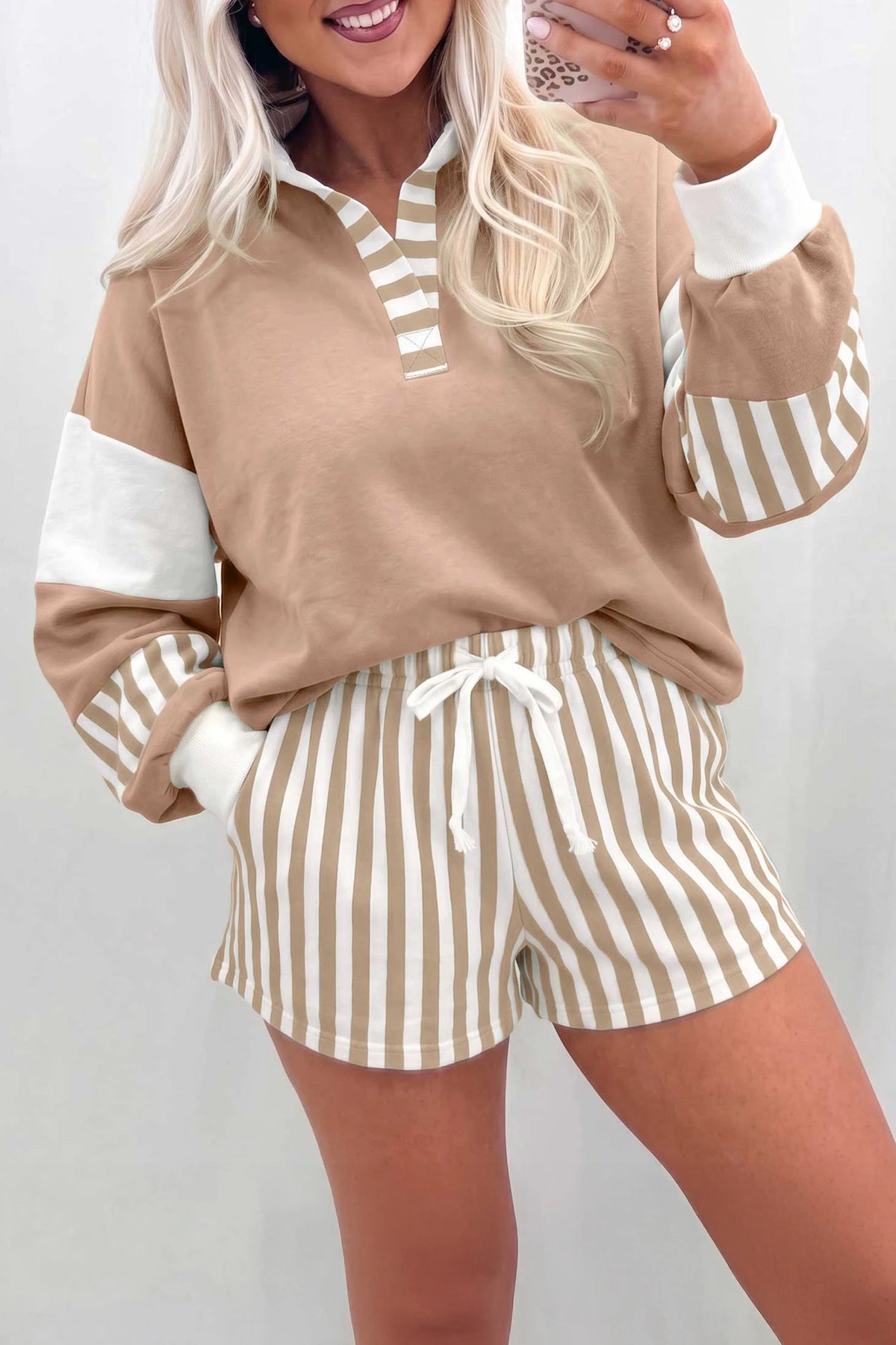 Smoke Gray Striped Pullover Top/Drawstring Shorts Set