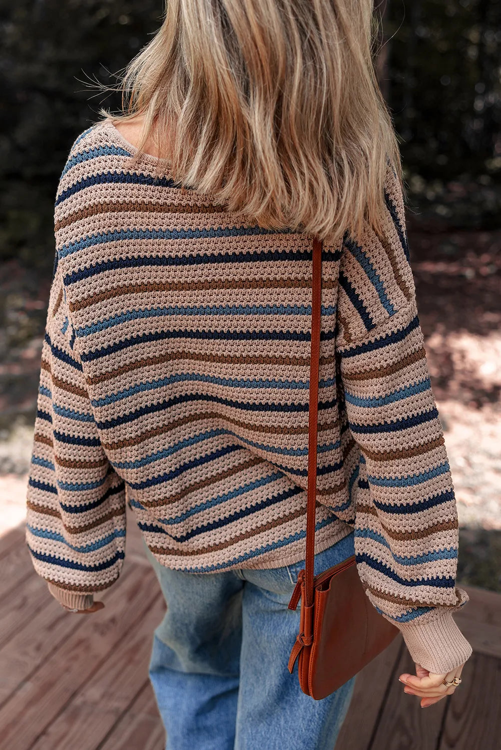 Striped Knitted Drop Shoulder Round Neck Sweater