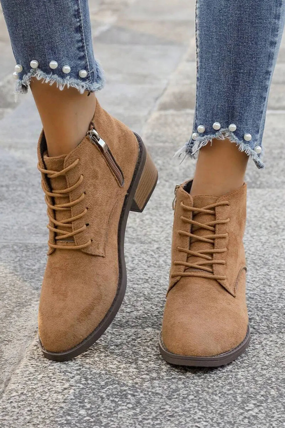 Suede Zip Side Lacing Detail Ankle Boots