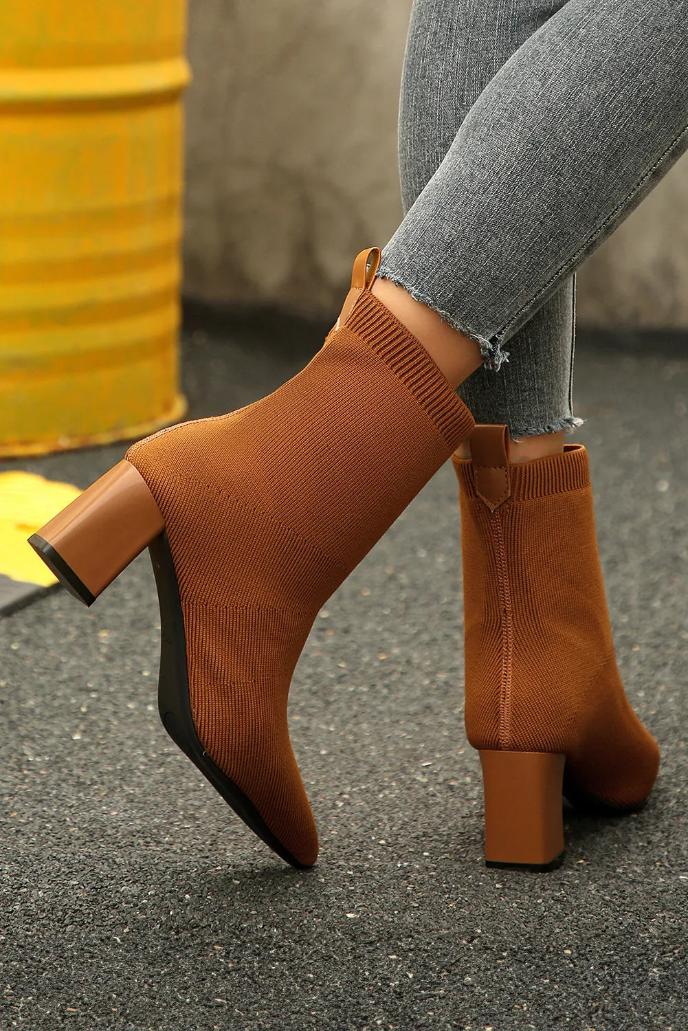 Ribbed Knit Contrast Cuffed Chunky Heel Boots