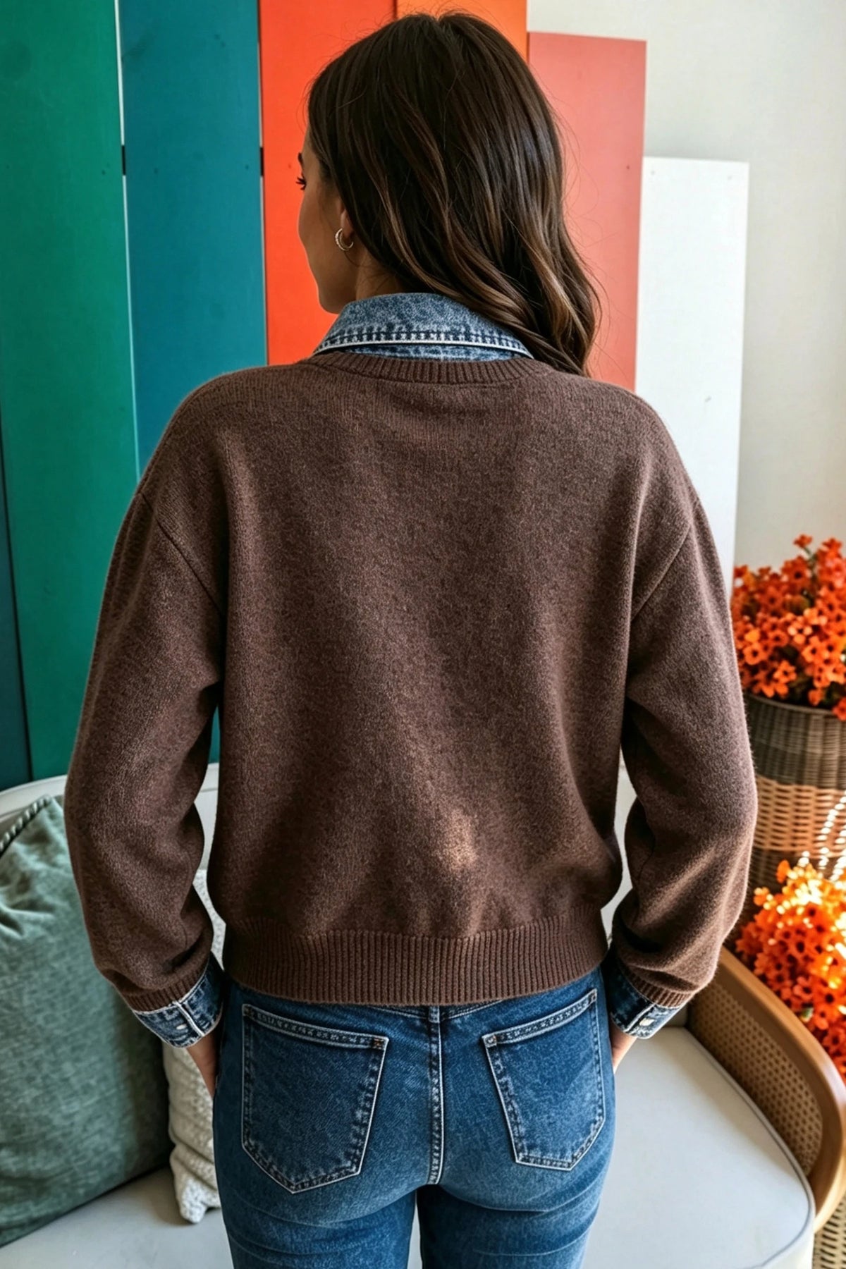 Coffee Denim Button Down Sweater