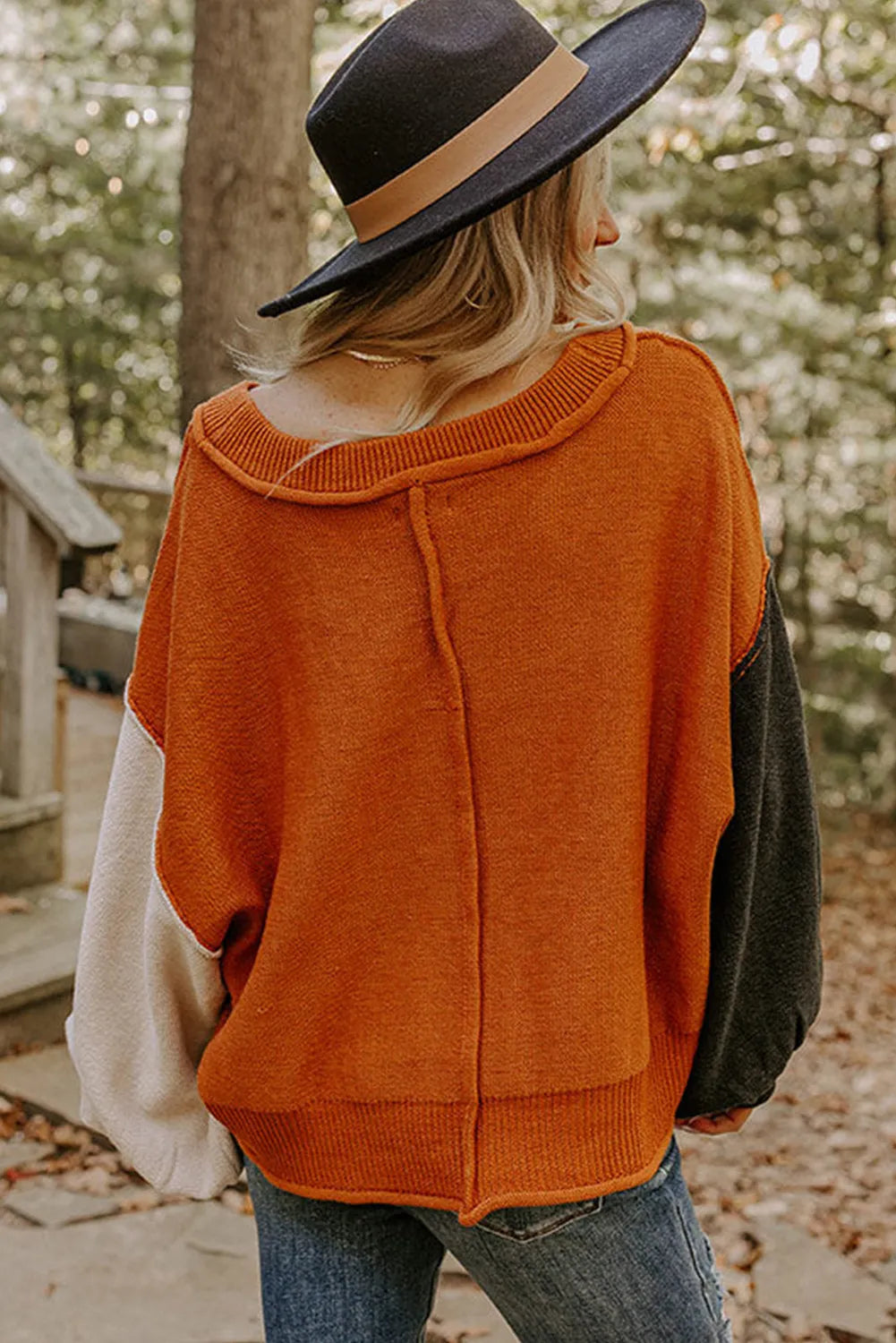 Colorblock Raw Edge Bubble Sleeve V Neck Sweater