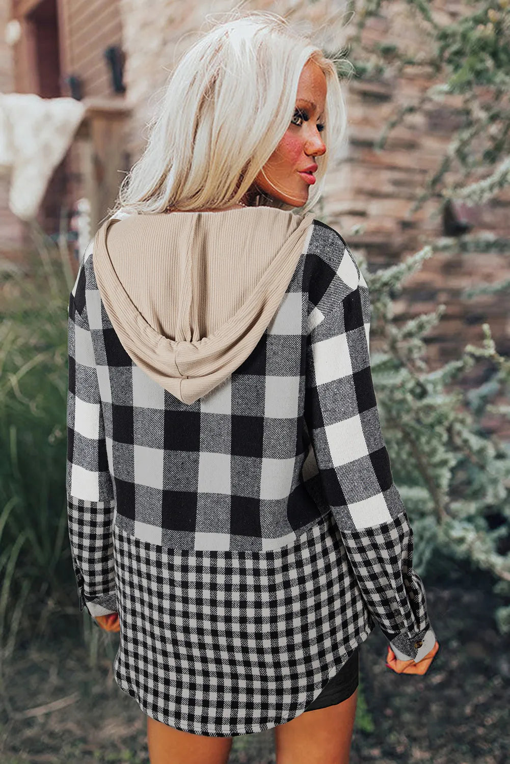Double Plaid Patchwork Drawstring Hooded Shacket