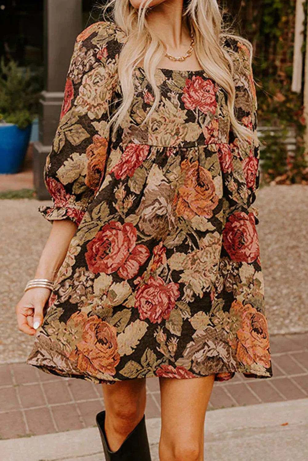 Floral Jacquard Knit Square Neck 3/4 Puff Sleeve Loose Mini Dress