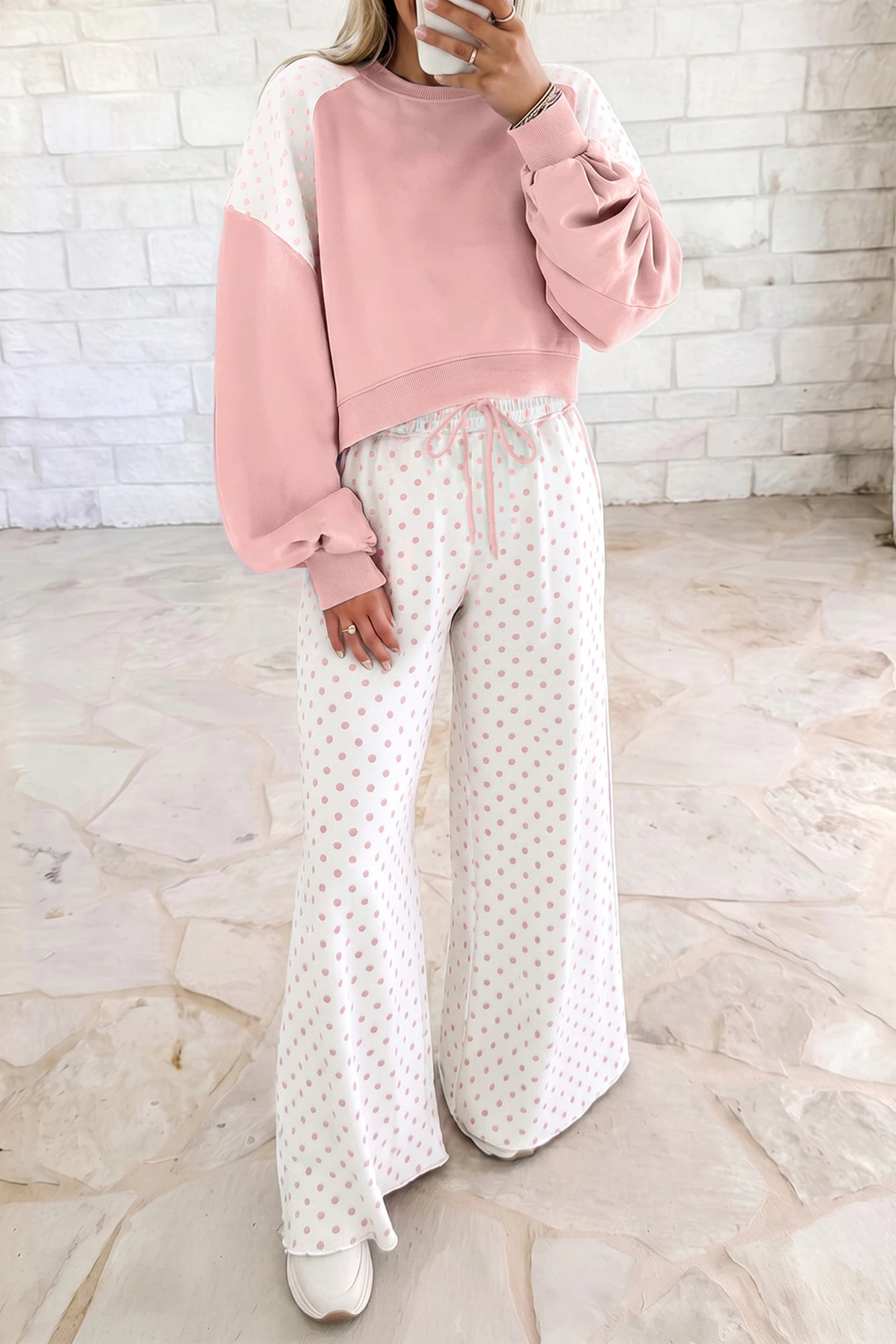 Pink Polka Dot Casual Two Piece Pants Set