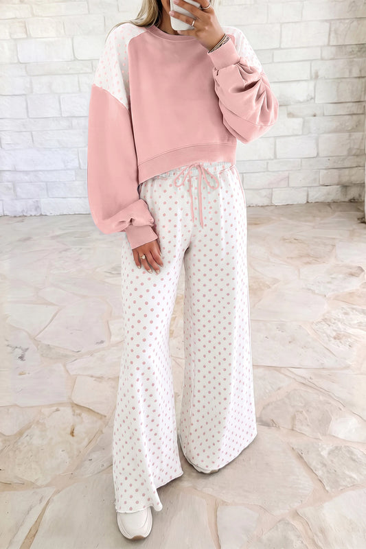 Pink Polka Dot Casual Two Piece Pants Set