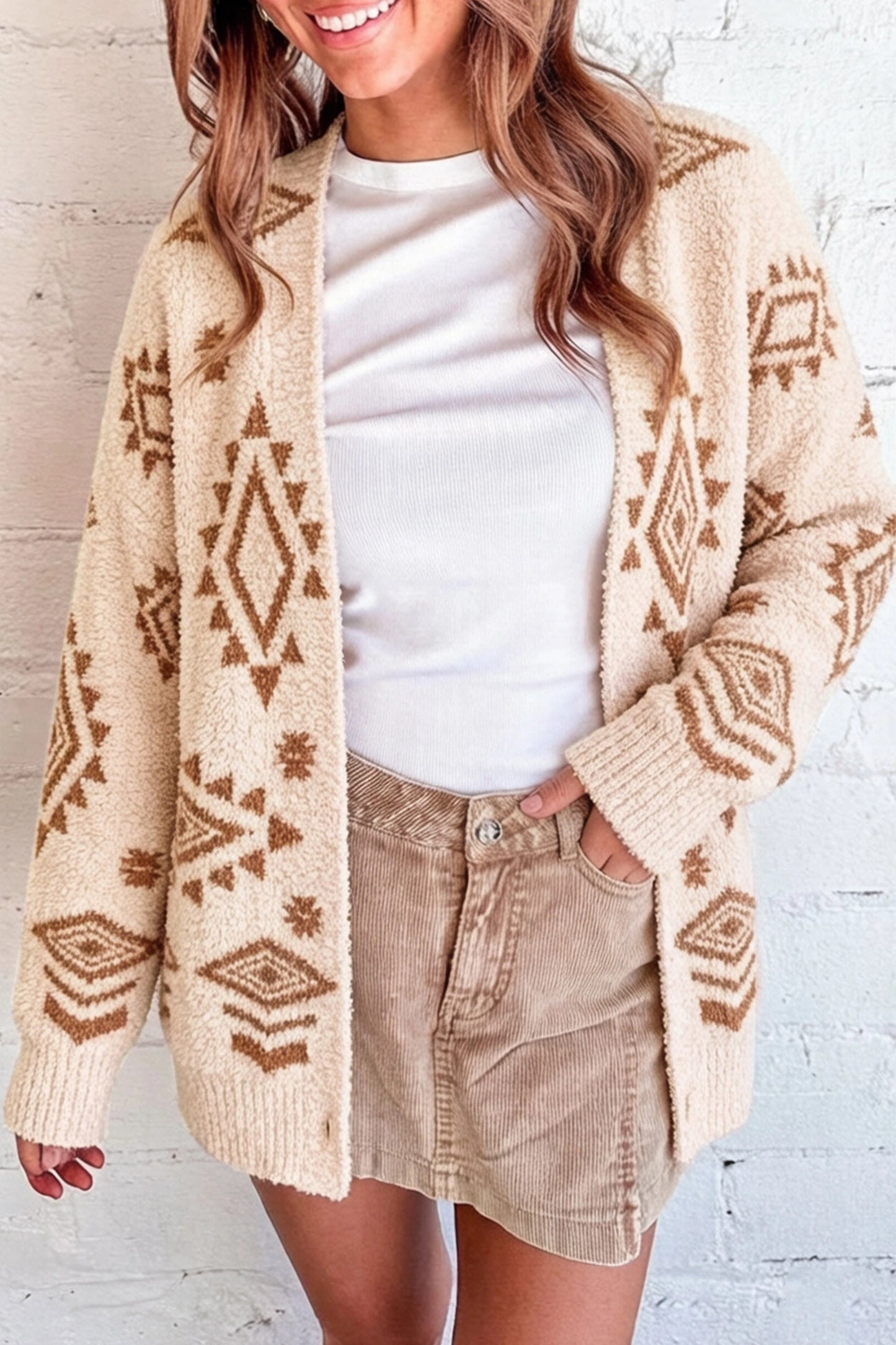 Oatmeal Fuzzy Aztec Knit Cardigan