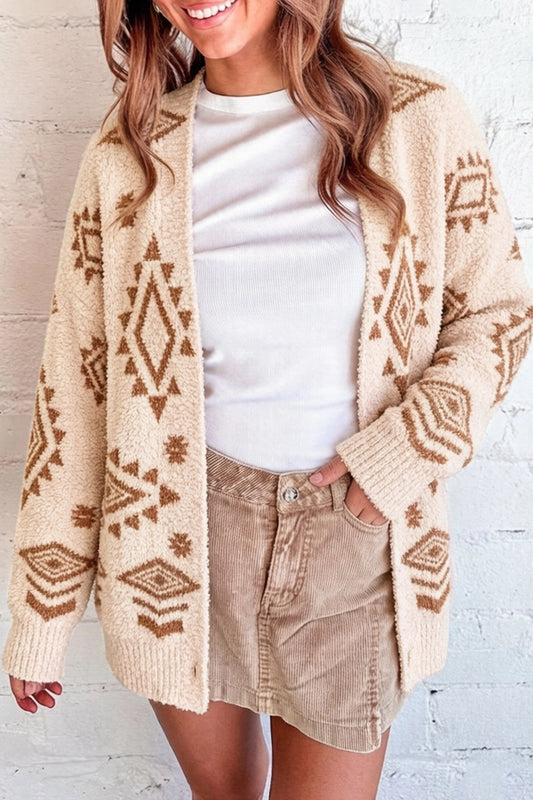 Oatmeal Fuzzy Aztec Knit Cardigan