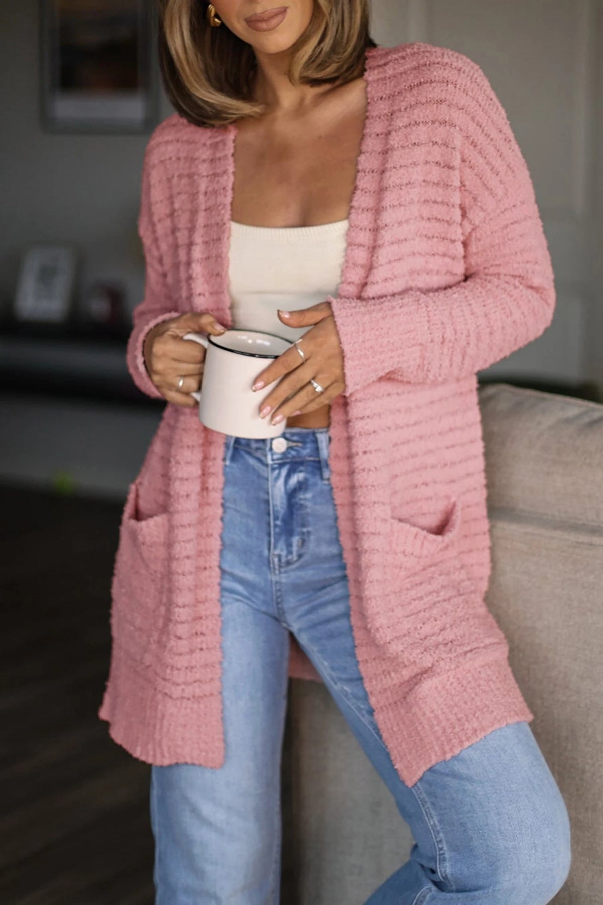 Light Pink Fuzzy Sweater Cardigan