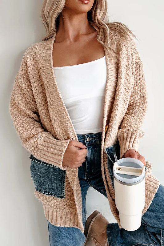 Smoke Gray Open Front Knitted Denim Pocket Patchwork Cardigan