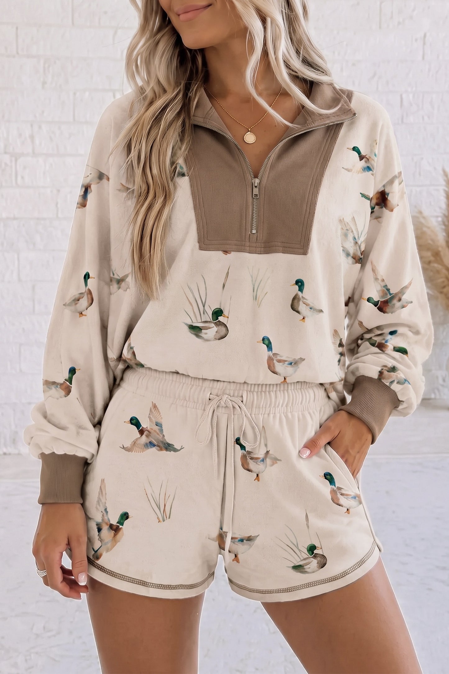 Mallard Print Zip Pullover and Shorts Set