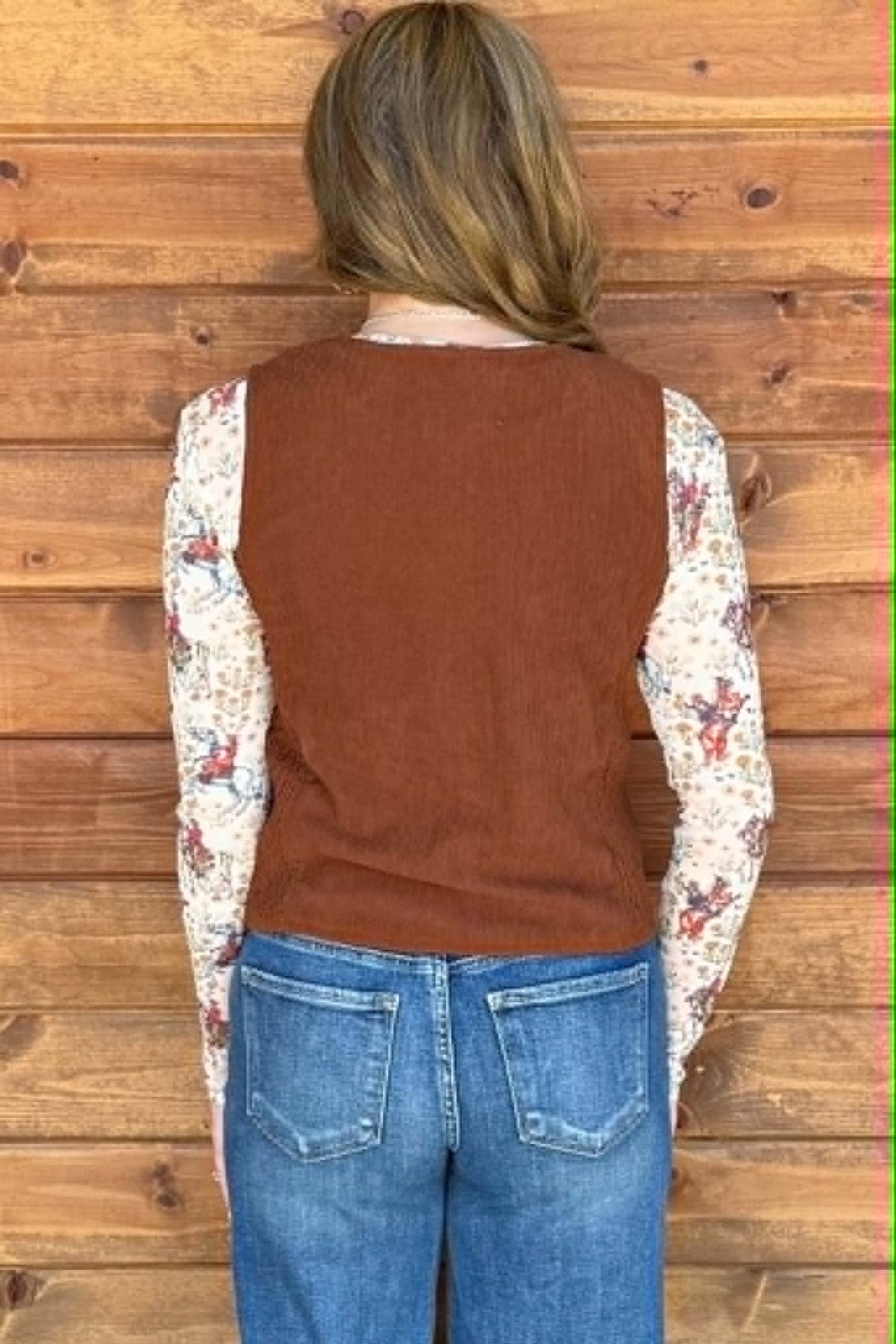 Coffee Embroidered Patch Pocket Button Corduroy Vest