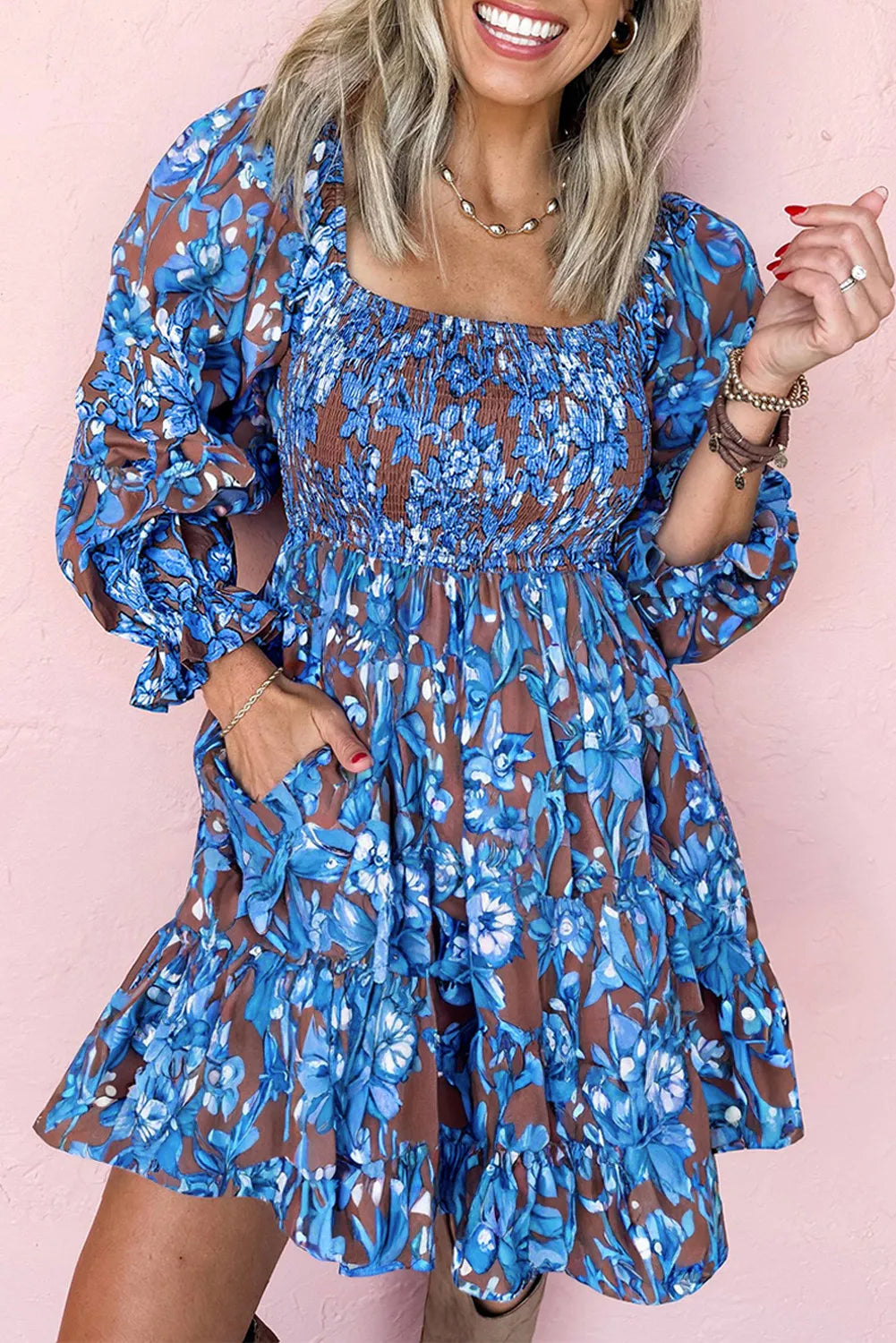 Smocked Bodice High Waist Ruffled Sleeve Floral Dress