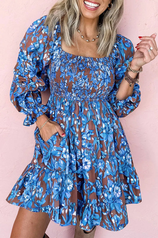 Smocked Bodice High Waist Ruffled Sleeve Floral Dress